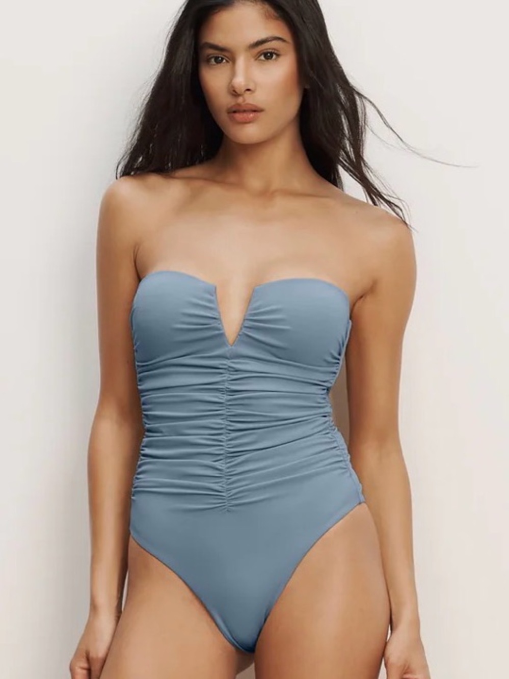 Veronica Beard NWOT $328 Palmilla One-Piece Swimsuit Light Blue Ruched Size L